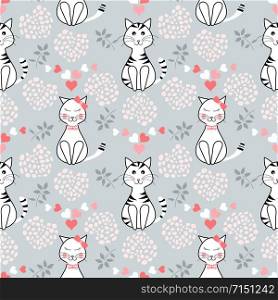 Seamless cute cats pattern with small leaves and hearts on a grey background