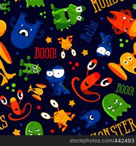 Seamless cute pattern made with monsters, bubbles and words hello, color monster, vector illustration. Seamless cute pattern made with monsters, bubbles and words hello, monster
