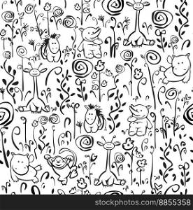 Seamless cute pattern of flora and fauna vector image