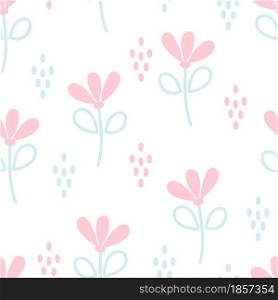 Seamless cute pattern with flowers and dots vector illustration. Delicate pastel floral background. Template for wallpaper, wrapping, fabric, nursery and design.. Seamless cute pattern with flowers and dots vector illustration.