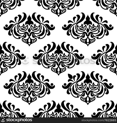 Seamless damask-style floral pattern with foliate arabesques in black and white