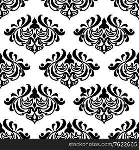 Seamless damask-style floral pattern with foliate arabesques in black and white