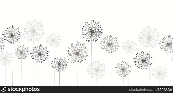 Seamless dandelion pattern, horizontal background with hand drawn plants and seeds. Vector illustration for banner, card, kirchen design. Seamless dandelion pattern, vector seamless background with hand drawn plants and seeds