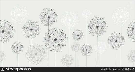 Seamless dandelion pattern, horizontal background with hand drawn plants and seeds. Vector illustration for banner, card, kirchen design. Seamless dandelion pattern, vector seamless background with hand drawn plants and seeds
