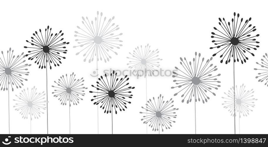 Seamless dandelion pattern, horizontal background with hand drawn plants and seeds. Vector illustration for banner, card, kirchen design. Seamless dandelion pattern, vector seamless background with hand drawn plants and seeds