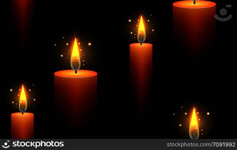 Seamless dark texture with burning candles and sparks. Vector background for your creativity. Seamless dark texture with burning candles and sparks. Vector ba