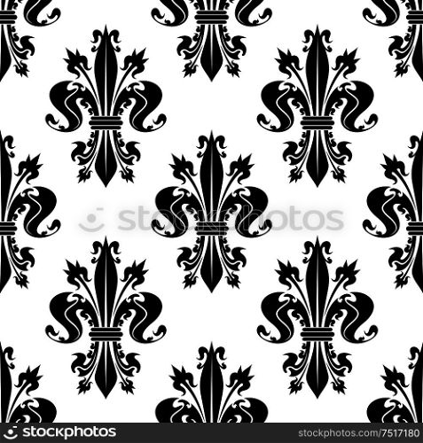 Seamless decorative black fleur-de-lis pattern over white background with curly spiky floral compositions of royal lilies. French heraldic backdrop, history, monarchy concept design. Black and white seamless fleur-de-lis pattern