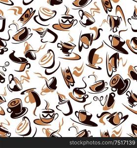 Seamless decorative brown cups of coffee pattern, adorned by coffee beans and swirling lines, randomly scattered over white background. Great for cafe interior or coffee shop menu backdrop design. Seamless pattern of brown coffee cups with beans