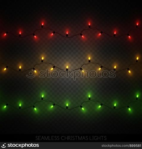 Seamless decorative colorful light bulb garlands set, Christmas decoration, vector illustration