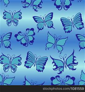 Seamless decorative pattern with blue various butterflies on background with gradient, hand drawing illustration
