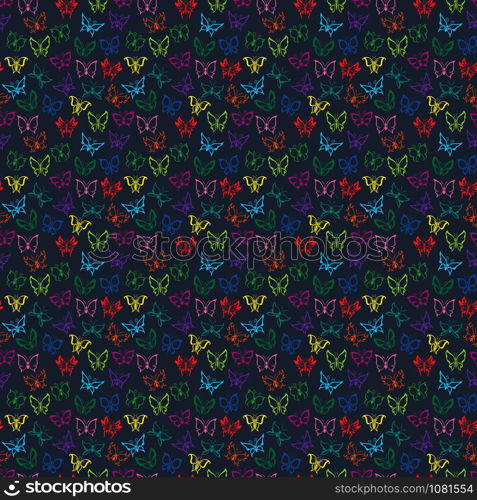 Seamless decorative pattern with colorful various butterflies on the dark muted blue background, hand drawing illustration