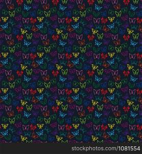 Seamless decorative pattern with colorful various butterflies on the dark muted blue background, hand drawing illustration