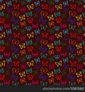 Seamless decorative pattern with colorful various butterflies on the dark red background, hand drawing illustration