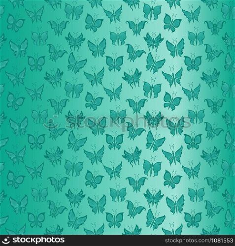 Seamless decorative pattern with turquoise various butterflies on background with gradient, hand drawing illustration