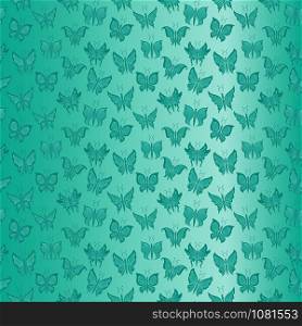 Seamless decorative pattern with turquoise various butterflies on background with gradient, hand drawing illustration