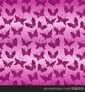 Seamless decorative pattern with various butterflies in magenta hues on the background with gradient, hand drawing illustration