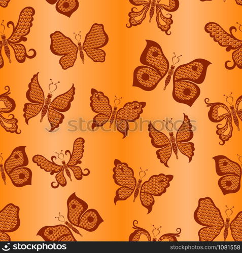 Seamless decorative pattern with various butterflies in orange hues on the background with gradient, hand drawing illustration