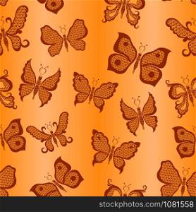 Seamless decorative pattern with various butterflies in orange hues on the background with gradient, hand drawing illustration