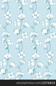 Seamless delicate pattern with sketches of cotton plant and stems on blue background. Vector gentle outline herbal texture with stems with fluffy balls. Contour natural wallpaper. Seamless delicate pattern with sketches of cotton plant and stems on blue background. Vector gentle outline herbal texture with stems with fluffy balls.