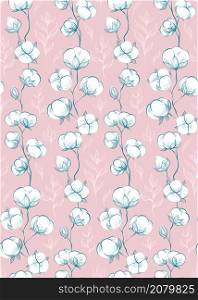 Seamless delicate pattern with sketches of cotton plant and stems on pink background. Vector gentle outline herbal texture with stems with fluffy balls. Contour natural wallpaper. Seamless delicate pattern with sketches of cotton plant and stems on pink background. Vector gentle outline herbal texture with stems with fluffy balls.
