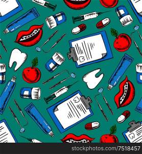 Seamless dentistry and dental care pattern of sketched teeth, pills, syringes, dental mirrors and probes, toothpastes, medical examination forms, smiles with braces and fresh apples on teal background. Dentistry and dental care seamless pattern