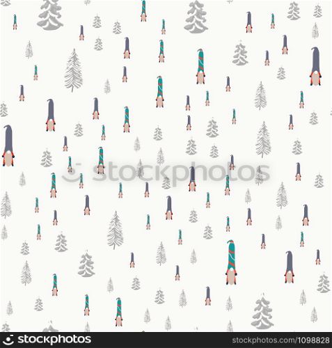 Seamless design with scandinavian gnomes and winter pine trees. Beautiful festive design with elves decorations. For wrapping paper, textiles, fabric. Flat cartoon style vector illustration.. Seamless design with scandinavian gnomes and winter pine trees.