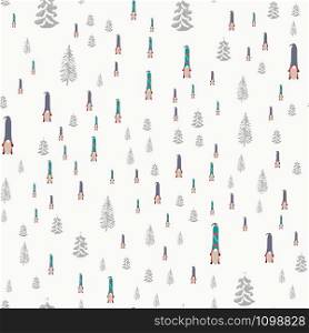 Seamless design with scandinavian gnomes and winter pine trees. Beautiful festive design with elves decorations. For wrapping paper, textiles, fabric. Flat cartoon style vector illustration.. Seamless design with scandinavian gnomes and winter pine trees.
