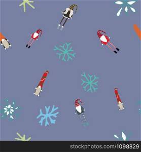Seamless design with scandinavian gnomes and winter snowflakes. Beautiful festive design with elves decorations. For wrapping paper, textiles, fabric. Flat cartoon style vector illustration.. Seamless design with scandinavian gnomes and winter snowflakes.