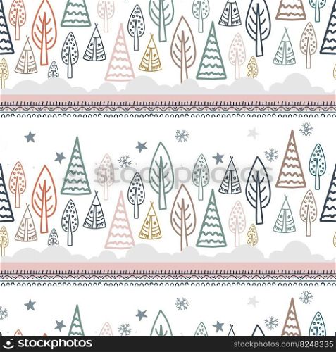 Seamless digital paper for children’s room. Wallpaper or children’s textile design. Forest and mountains on a white background.. Seamless digital paper for children’s room. Wallpaper or children’s textile design. Forest and mountains on a white background