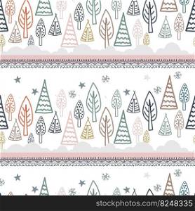 Seamless digital paper for children’s room. Wallpaper or children’s textile design. Forest and mountains on a white background.. Seamless digital paper for children’s room. Wallpaper or children’s textile design. Forest and mountains on a white background