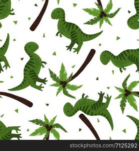 Seamless Dino pattern with cute dinosaurs and palm trees isolated on white background. Design element for textile, fabric, wallpaper, wrapping paper, scrapbooking. Vector illustration.. Seamless pattern with dinosaurs isolated on white.