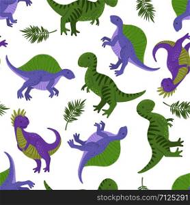 Seamless Dino pattern with cute dinosaurs isolated on white background. Creative childish texture. Design element for textile, fabric, wallpaper, wrapping paper, scrapbooking. Vector illustration.. Seamless pattern with dinosaurs isolated on white.