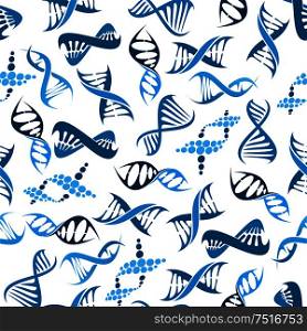 Seamless DNA elements pattern with blue twisted helices over white background. Medicine, genetics and science research themes. Blue DNA elements seamless pattern