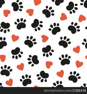 Seamless dog pattern with paw prints and red hearts. Cat foot texture. Pattern with doggy pawprint and hearts. Dog texture. Hand drawn vector illustration in doodle style on white background.. Seamless dog pattern with paw prints and red hearts. Cat foot texture. Pattern with doggy pawprint and hearts. Dog texture. Hand drawn vector illustration in doodle style on white background
