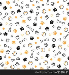 Seamless dog pattern with paw prints, bones, hearts and balls. Cat foot texture. Pattern with doggy pawprint and bones. Dog texture. Hand drawn vector illustration in doodle style on white background.. Seamless dog pattern with paw prints, bones, hearts and balls. Cat foot texture. Pattern with doggy pawprint and bones. Dog texture. Hand drawn vector illustration in doodle style on white background