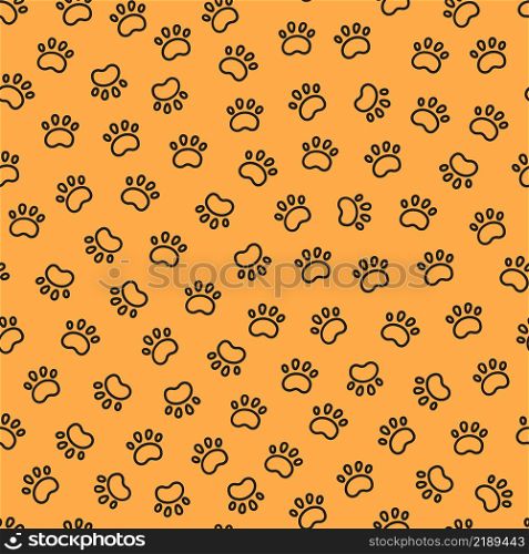 Seamless dog pattern with paw prints. Cat foots texture. Pattern with doggy pawprints. Orange dog texture. Hand drawn vector illustration in doodle style on orange background.