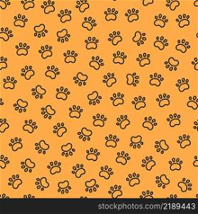 Seamless dog pattern with paw prints. Cat foots texture. Pattern with doggy pawprints. Orange dog texture. Hand drawn vector illustration in doodle style on orange background.