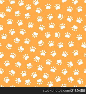 Seamless dog pattern with paw prints. Cat foots texture. Pattern with doggy pawprints. Orange dog texture. Hand drawn vector illustration in doodle style on orange background.. Seamless dog pattern with paw prints. Cat foots texture. Pattern with doggy pawprints. Orange dog texture. Hand drawn vector illustration in doodle style on orange background