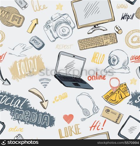 Seamless doodle blog social media marketing pattern background vector illustration