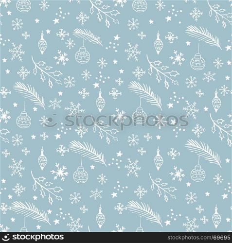 Seamless doodle blue pattern. Seamless doodle pattern in blue and white colors. Christmas background. Fir tree branches, stars, snowballs, christmas toys and snowflakes. Vector illustration for greeting cards, textile, covers, package, wrapping paper.