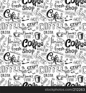 Seamless doodle coffee pattern on white background ,hand drawn lettering,stock vector illustration.. Seamless doodle coffee pattern on white background.
