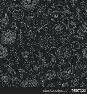Seamless doodle flowers black and white pattern vector image