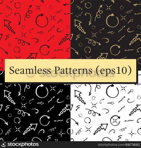 Seamless doodle ink pointer and arrow pattern set. Seamless pattern set. Doodle ink, hand drawn pointers, arrows and other signs. Vector image.