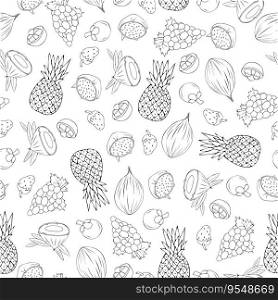 Seamless doodle pattern with fruits, strawberries, coconuts, mangosteene and grapes. Seamless doodle pattern with fruits, strawberries, coconuts, mangosteene and grapes.