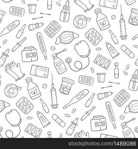 Seamless doodle pattern with medications, drugs, pills, bottles and health care medical elements. Hand drawn vector illustration on white background. Seamless doodle pattern with medications, drugs, pills, bottles and health care medical elements.