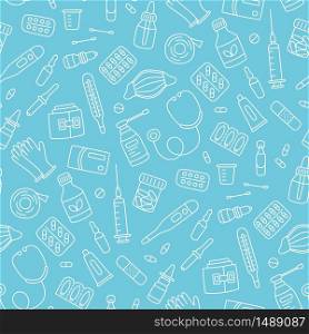 Seamless doodle pattern with medications, drugs, pills, bottles and health care medical elements. Hand drawn vector illustration on blue background. Seamless doodle pattern with medications, drugs, pills, bottles and health care medical elements.