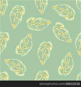Seamless doodle pattern with simple monstera yellow shapes. Light green background. Tropical palm foliage artwork. Perfect for fabric design, textile print, wrapping, cover. Vector illustration. Seamless doodle pattern with simple monstera yellow shapes. Light green background. Tropical palm foliage artwork.