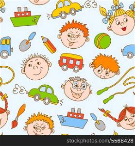 Seamless doodle smiling boys and girls with toys pattern vector illustration