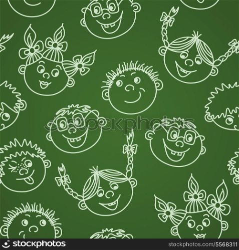 Seamless doodle smiling kids faces on chalkboard pattern vector illustration