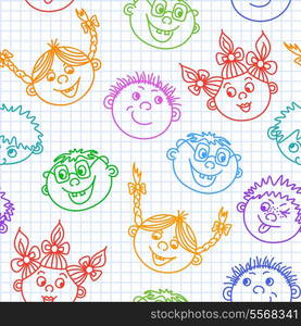 Seamless doodle smiling kids faces pattern vector illustration